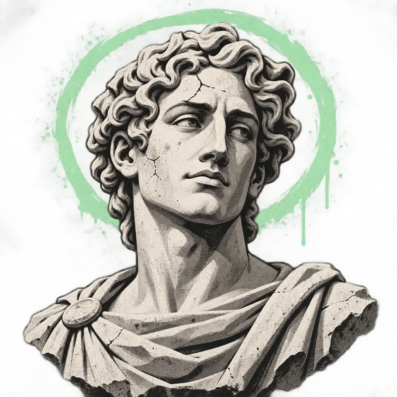 Illustrated Roman-style portrait placeholder for Evan F.